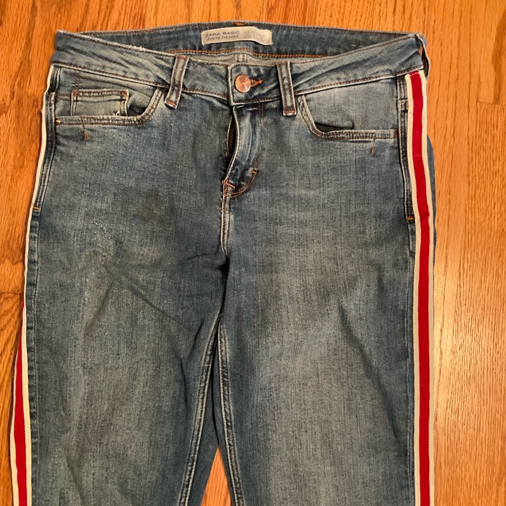 Zara Jeans with Red and White Side Stripe, Distressed and Frayed, 5-Pock… - Picture 2 of 11